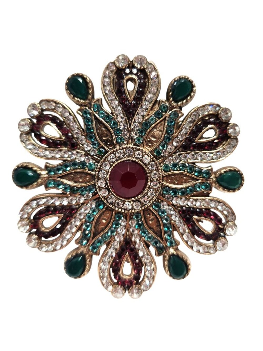 Floral Brooch Pin With Intricate Red Green & Clear Rhinestones Gold-Tone Metal